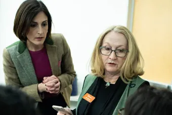 Professors Victoria DeFrancesco Soto (right) and Ruth Wasem with students during the NASPAA Crisis Simulation on Feb. 23, 2019