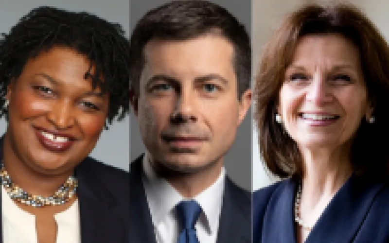 Stacey Abrams (MPAff '98) (left), Pete Buttigieg (center) and Angela Evans